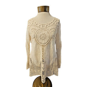 Vintage Y2K Boho Cream Crochet Lace Long Sleeve Festival Top Womens Size Small